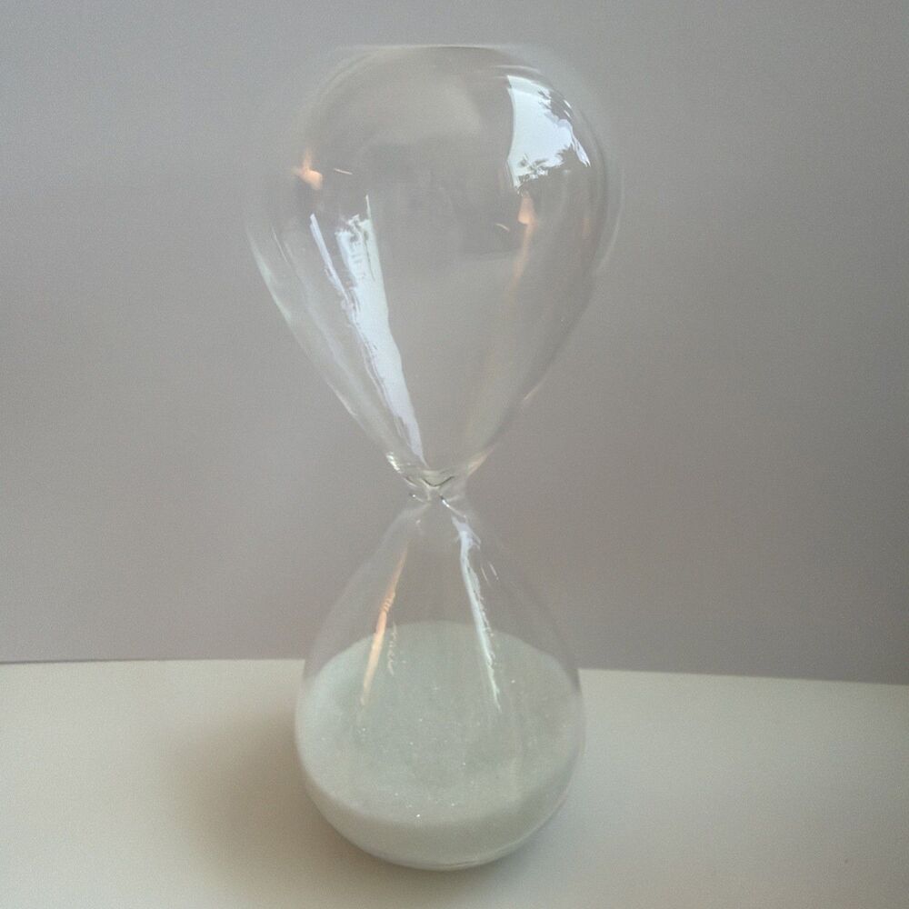 Hourglass, 5 minute, white sand timer, shelf decor, modern